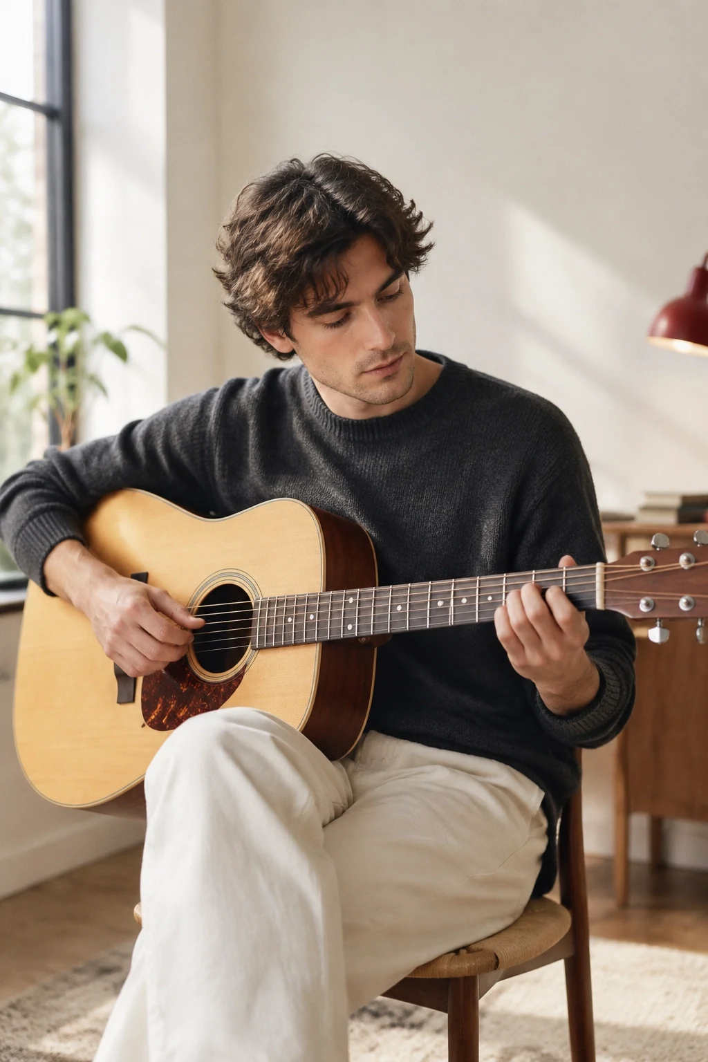 Player holding an acoustic guitar in a bright room