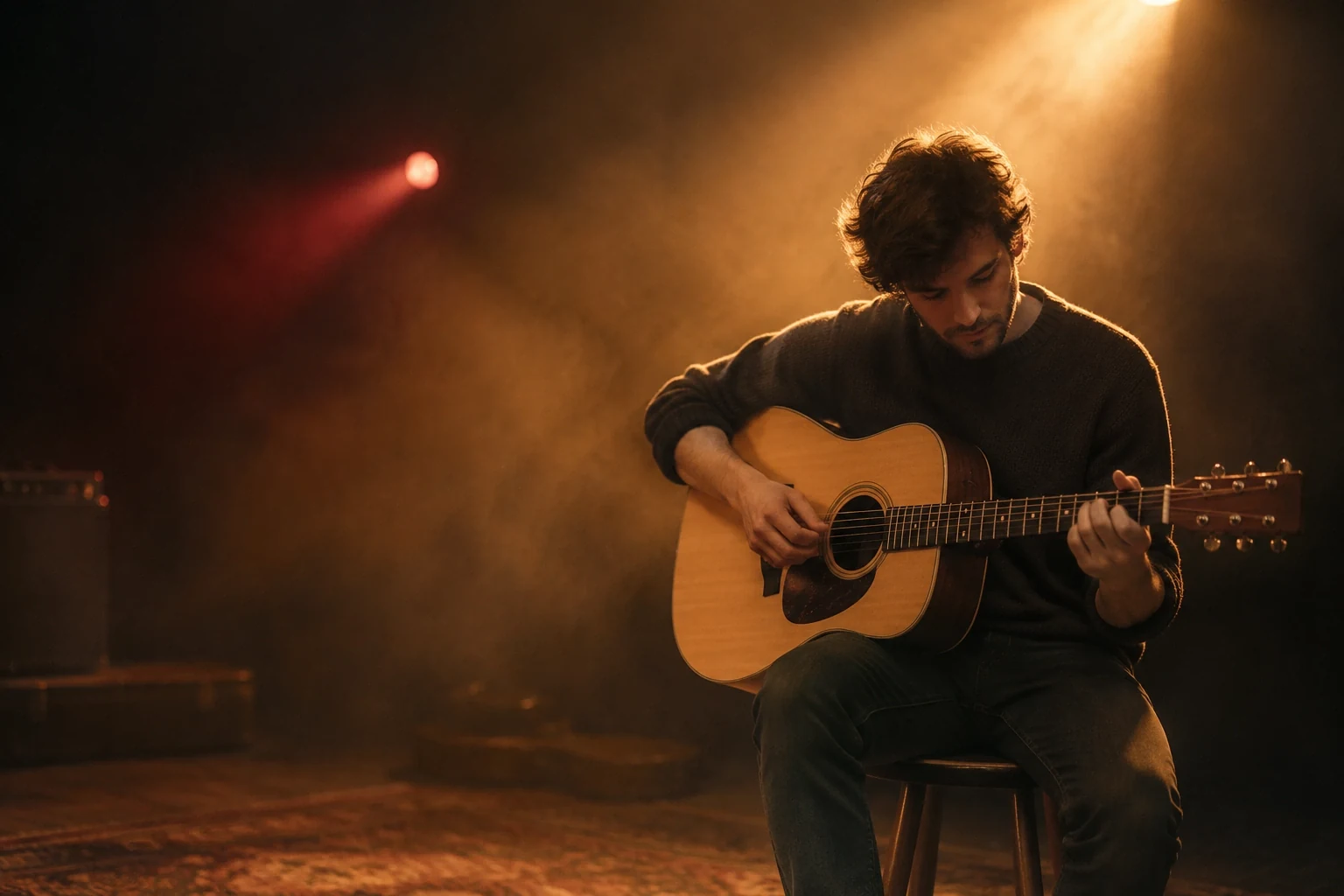 Warm stage lighting behind a player with an acoustic guitar