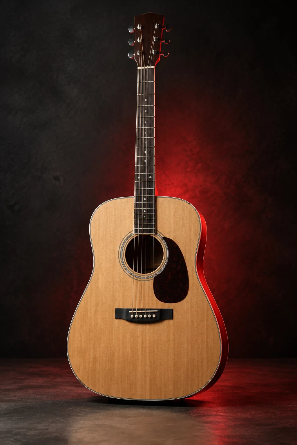 Acoustic guitar lit in warm red light against a dark studio wall