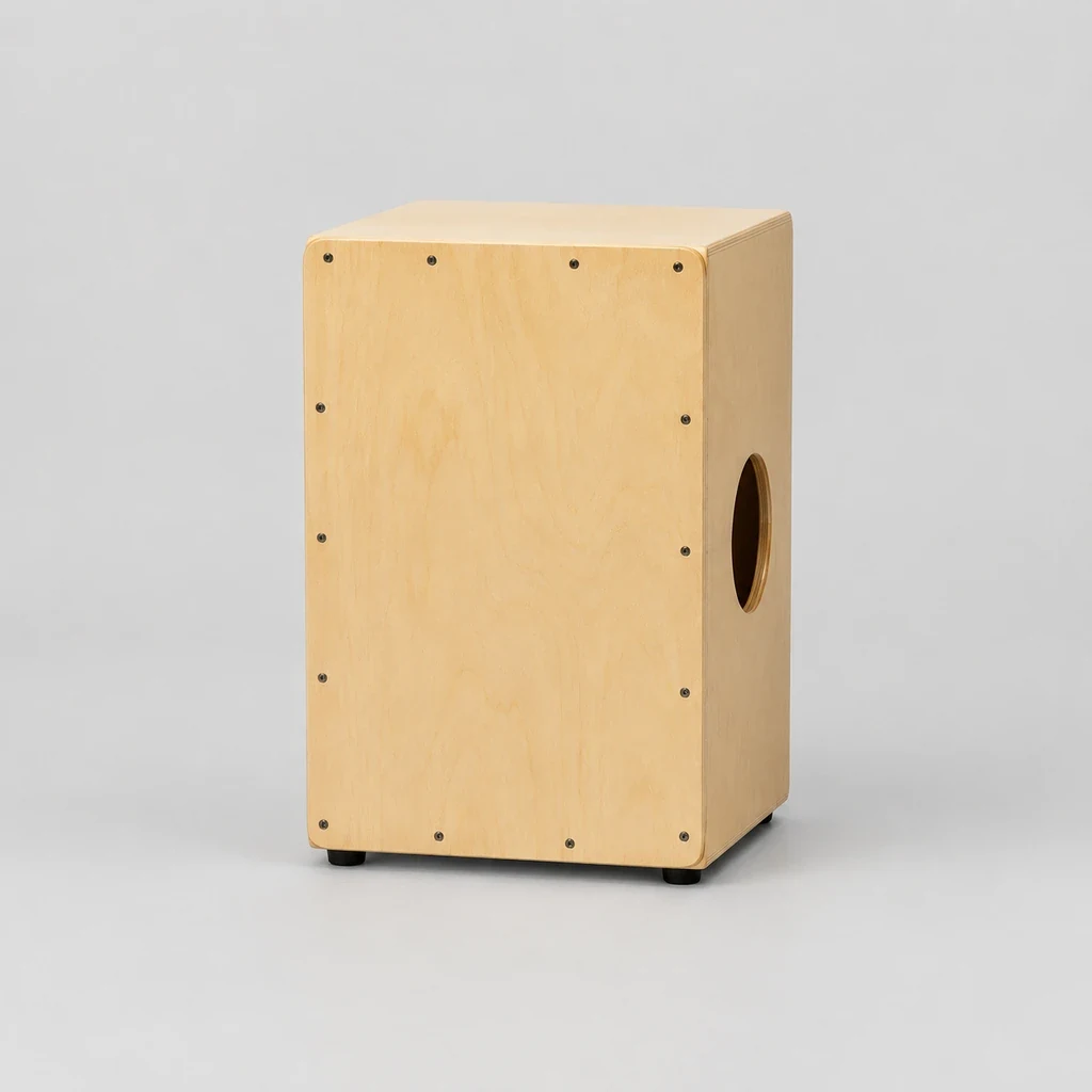 Wooden cajon drum box on a plain floor