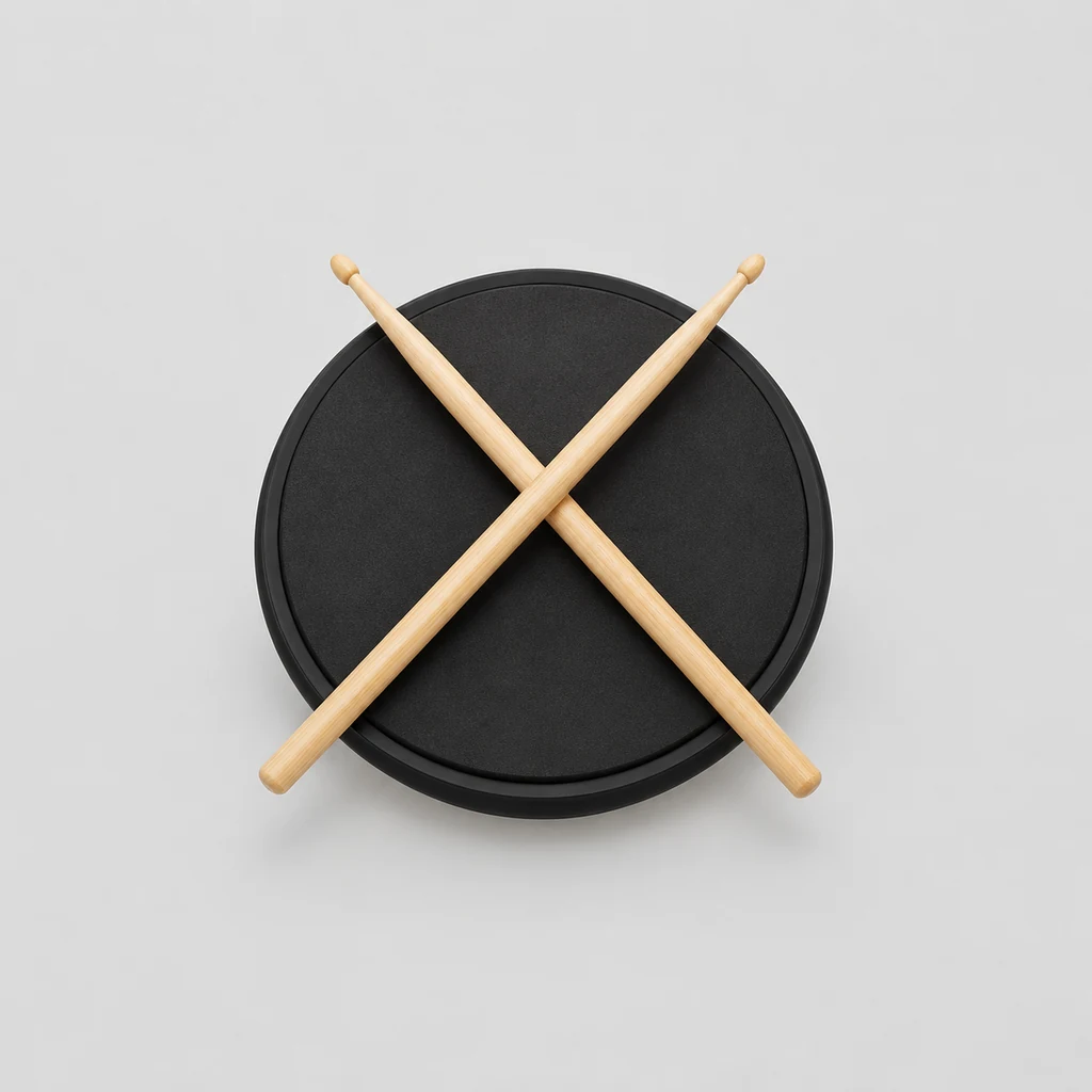 Practice pad with a pair of wooden drumsticks