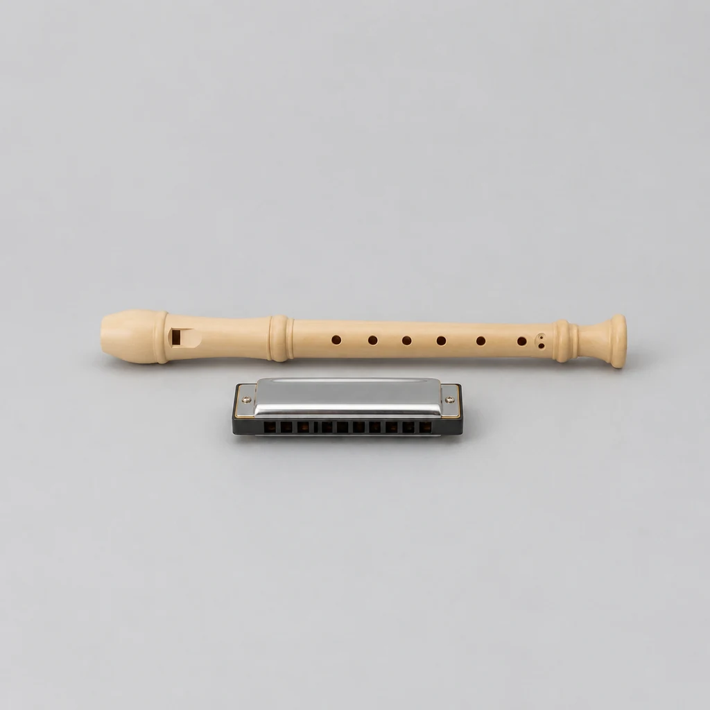 Diatonic harmonica beside a wooden descant recorder