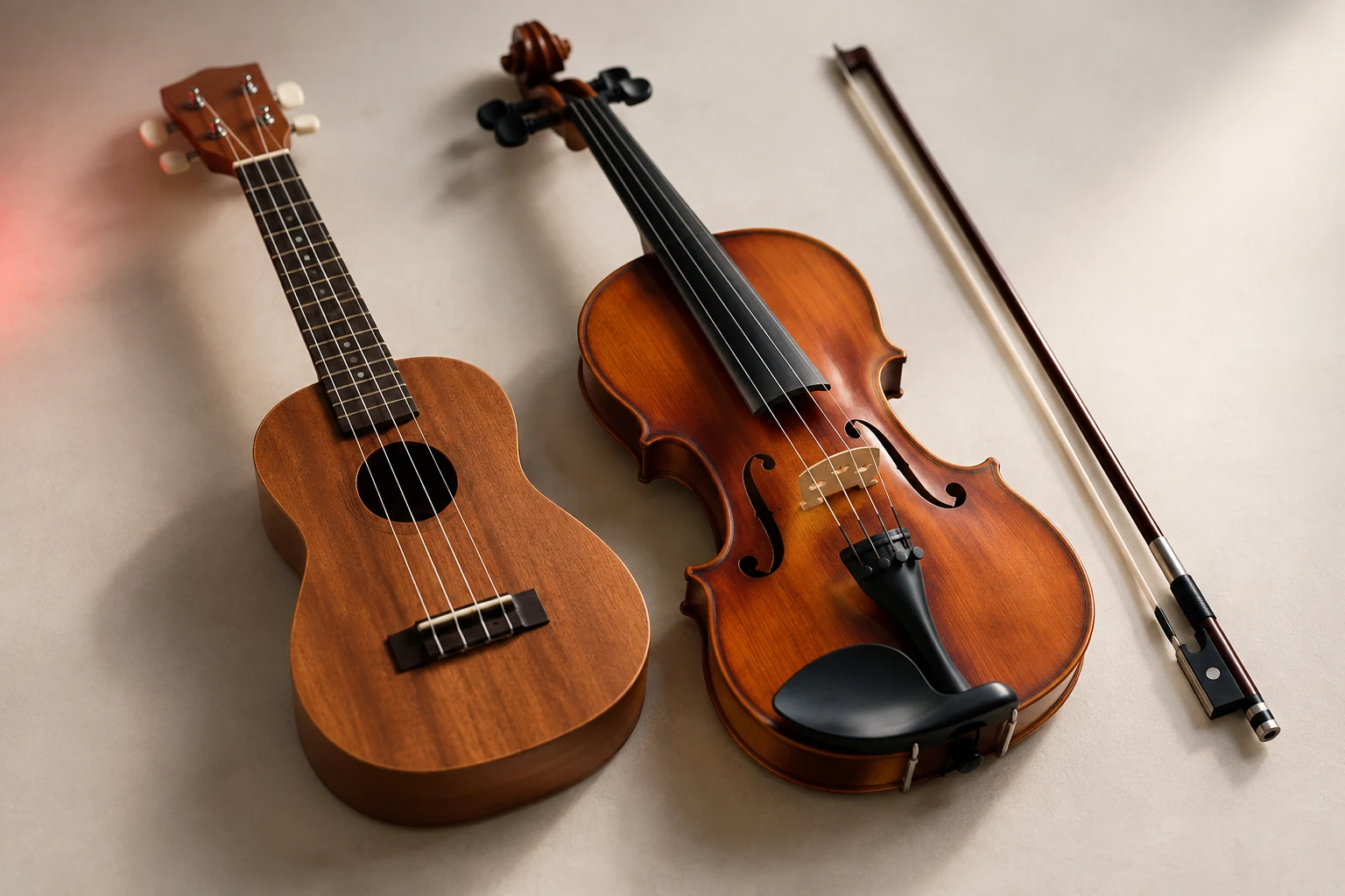 Ukulele and violin resting side by side on a neutral backdrop