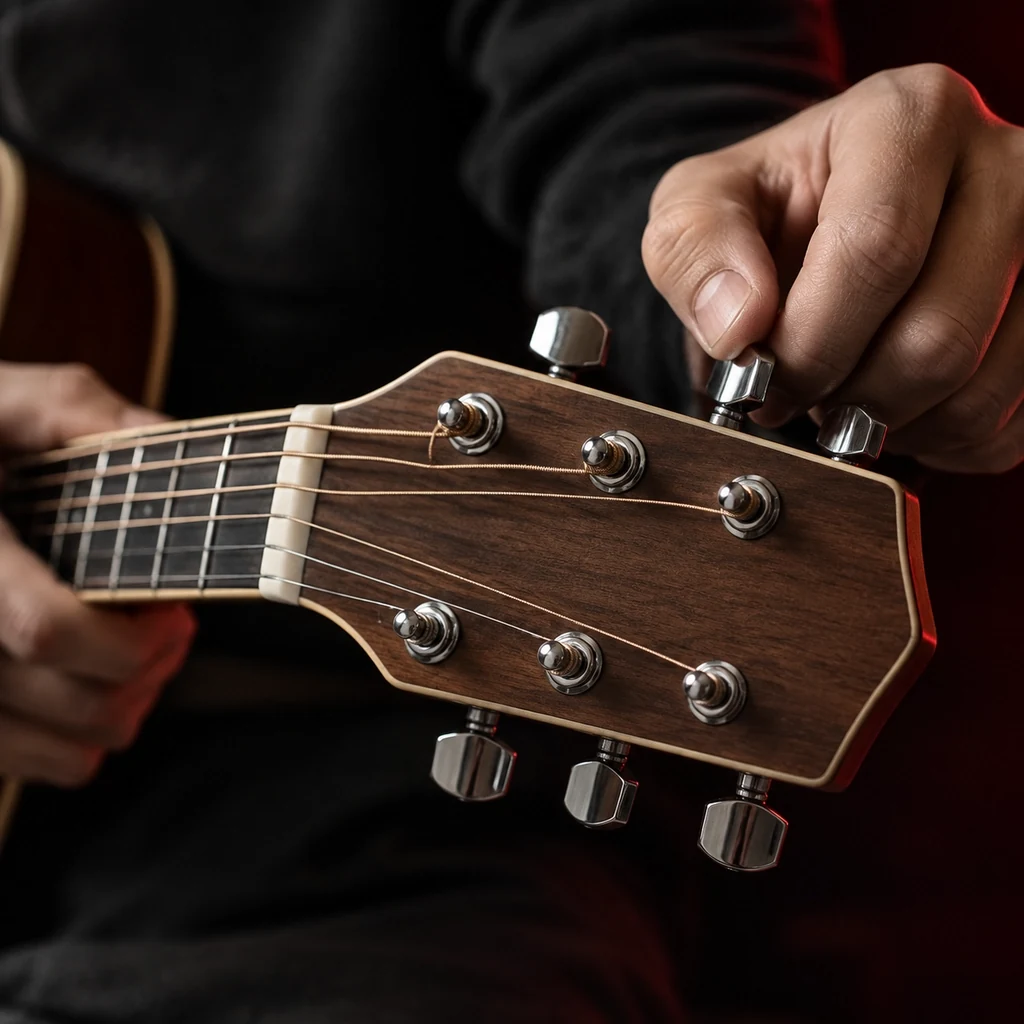 Hands tuning a guitar machine head in low light