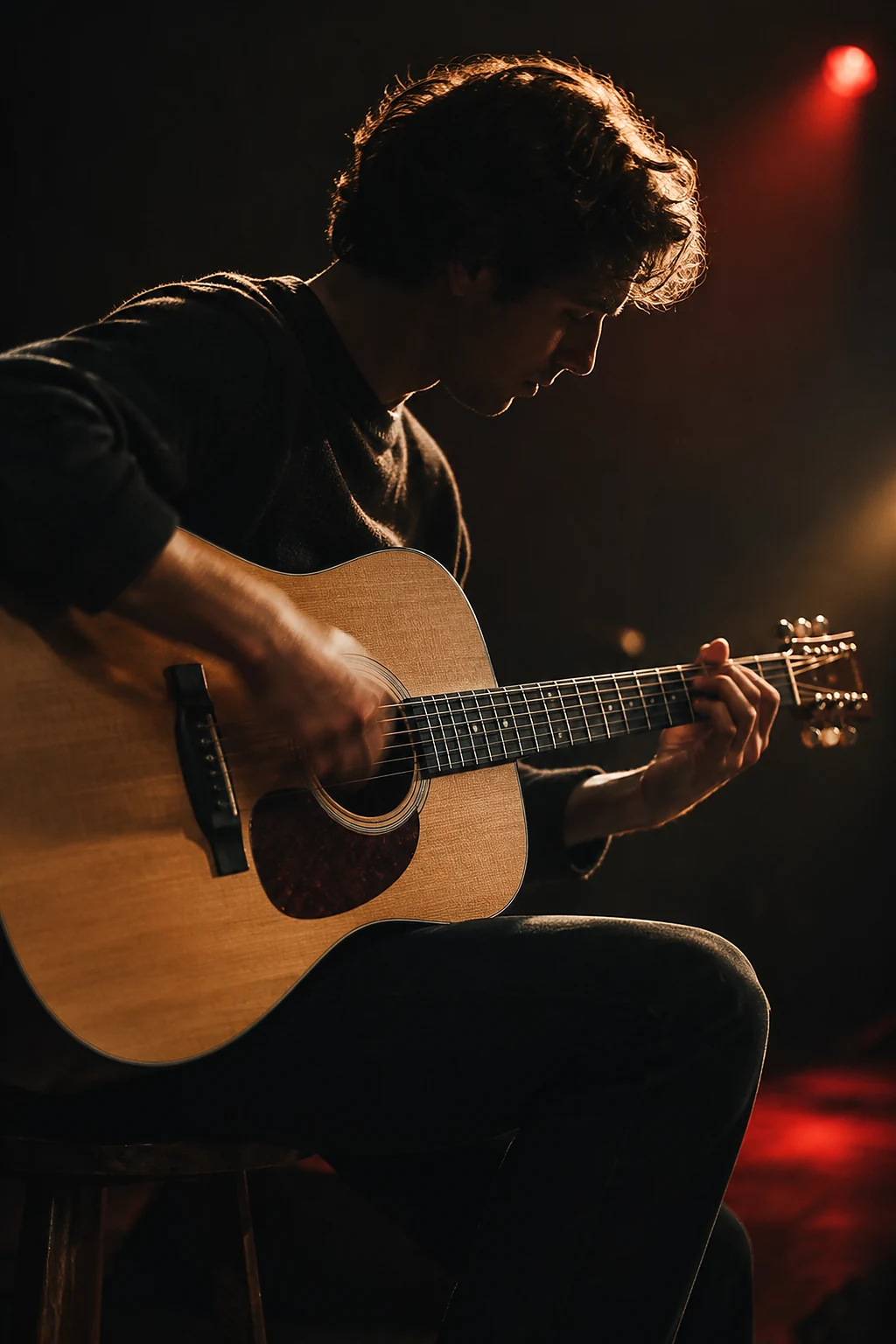 Musician playing an acoustic guitar on a dark stage
